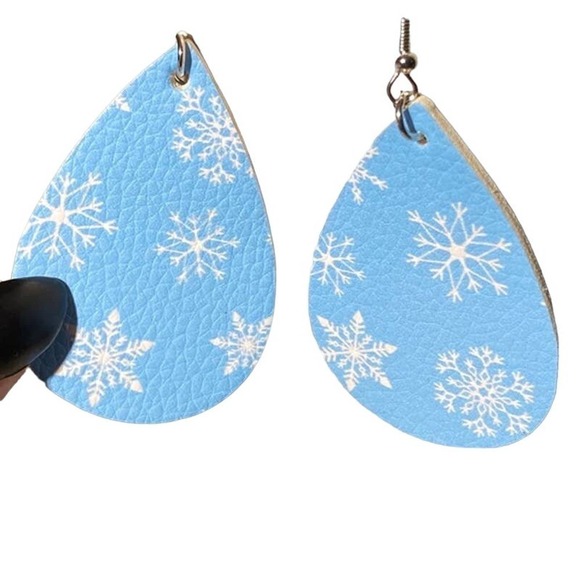 5/$25 Pastel Blue Snowflake Leather Earrings Christmas Stocking Stuffer Hanukkah - Picture 2 of 3